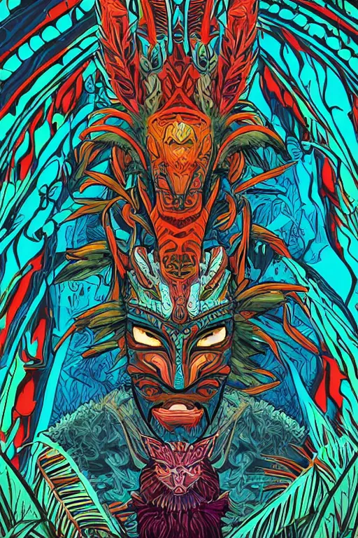 Image similar to totem animal mask tribal feather gemstone plant wood rock shaman vodoo video game vector cutout illustration vivid color borderlands comics by josan gonzales and dan mumford radiating a glowing aura