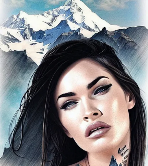 Prompt: megan fox face double exposure with beautiful mountains, realism tattoo sketch, in the style of matteo pasqualin, amazing detail, sharp, faded