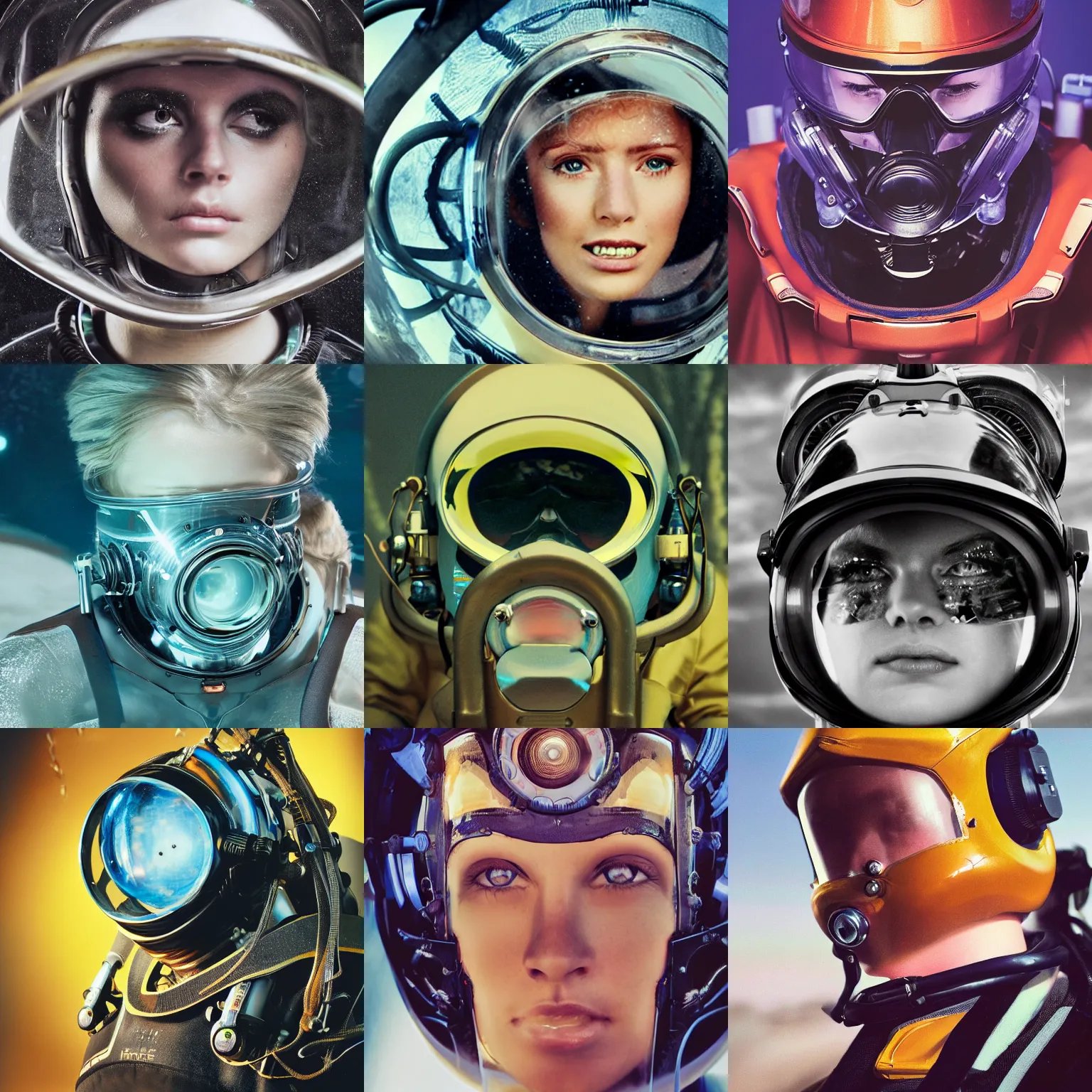 Prompt: beautiful extreme closeup portrait photo in style of frontiers in human deep diving helmet science fashion magazine September retrofuturism edition, highly detailed, focus on face, soft lighting