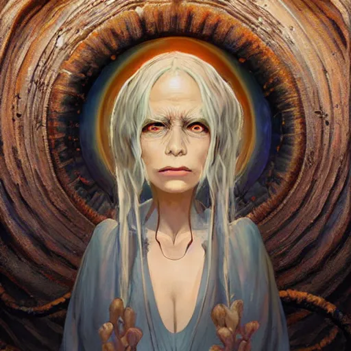 Prompt: portrait of small, rubbery, huge-eyed, big-lipped albino mutant priestess with elaborate white hair; Dune concept art by Anato Finnstark, Margaret Keane, Greg Rutkowski, and Studio Ghibli