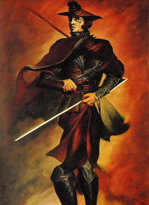 Image similar to portrait of noble duelist, coherent! by mariusz lewandowski, by frank frazetta, deep color, strong line, high contrast