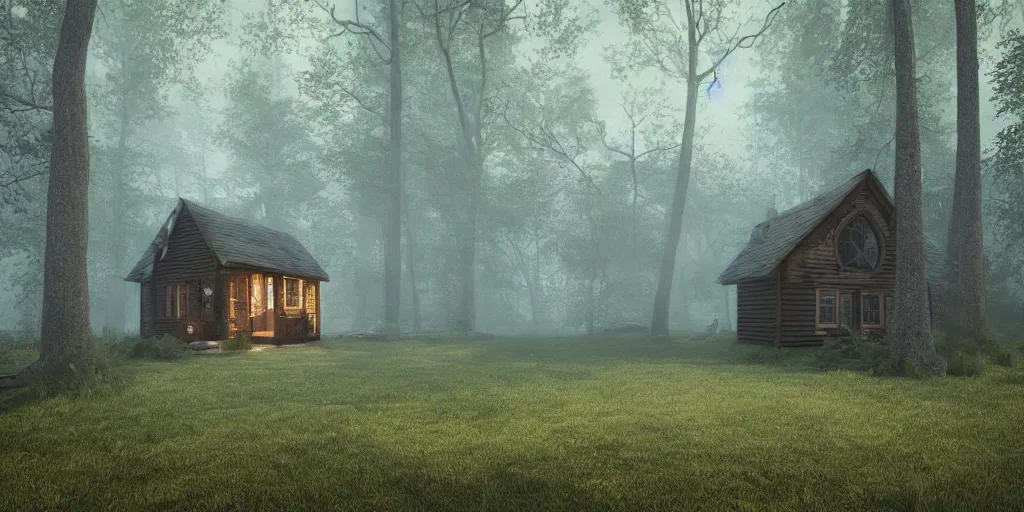 Image similar to a single cottage in the woods and empty woods, 8k, fantasy, realistic, atmospheric lighting