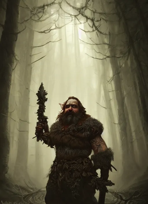 Prompt: Beautiful art portrait of a male fantasy dwarf in a dark temple surrounded by dead forest, atmospheric lighting, intricate detail, cgsociety, hyperrealistic, octane render, RPG portrait, ambient light, dynamic lighting
