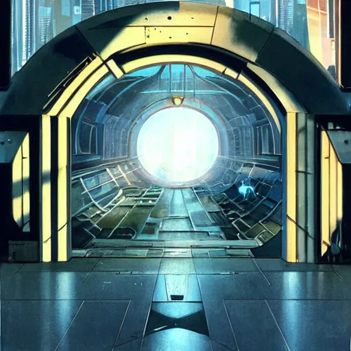 Image similar to overgrown futuristic cityscape located under a bridgeway, world seen only through a portal, daylight, cinematic perspective, cinematic lighting, blue sky, syd mead, john harris, symmetrical