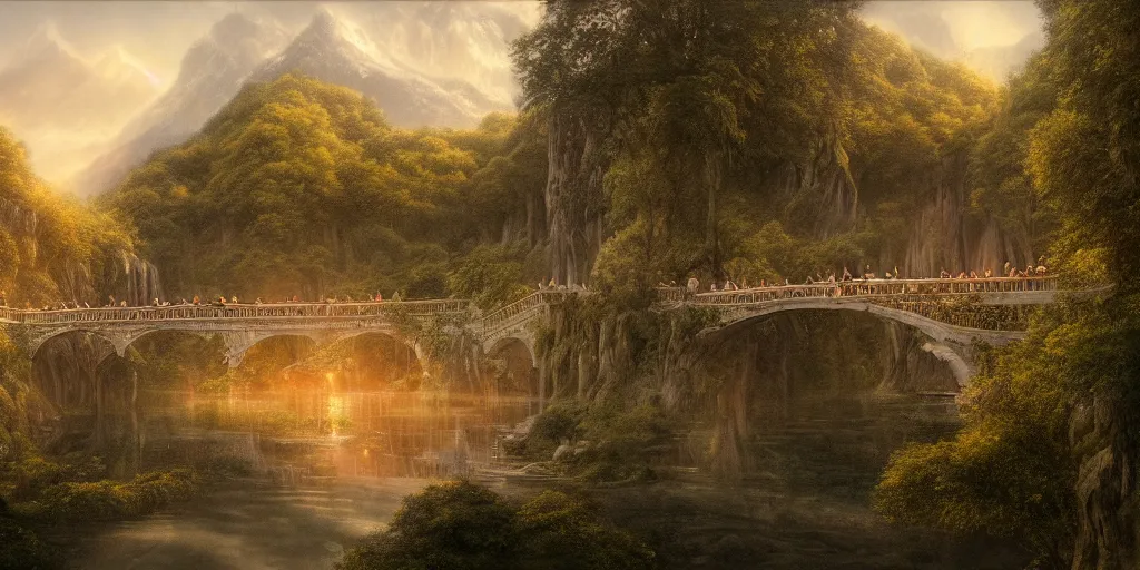 Image similar to Rivendell, looking out from the balcony, evening, detailed matte painting, cinematic, Alan Lee, Artstation