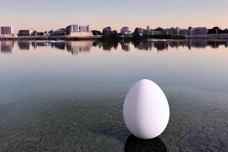 Prompt: a building composed of many multi - white spherical egg - shaped spaces. on the calm lake, people's perspective modern curved architecture, future, award winning, highly detailed 4 k art, dusk, by kazuyo sejima