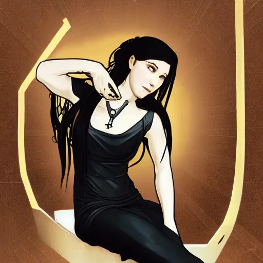 Image similar to photo of lonely young girl with straight long black hair wearing black dress that sitting on bathroom floor, render by artgem and alphonse mucha for capcom co, resident evil