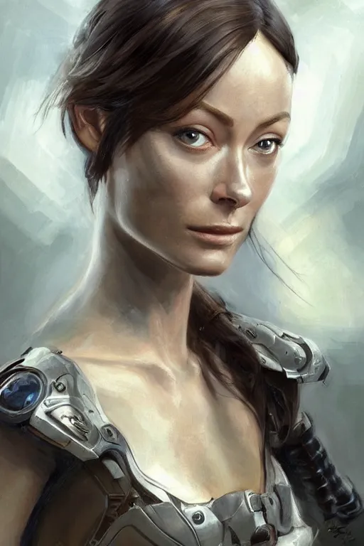 Image similar to a professional painting of a young Olivia Wilde, clothes in military armor, olive skin, long dark hair, beautiful bone structure, symmetrical facial features, intricate, elegant, digital painting, concept art, smooth, sharp focus, illustration, from StarCraft by Ruan Jia and Mandy Jurgens and Artgerm and William-Adolphe Bouguerea