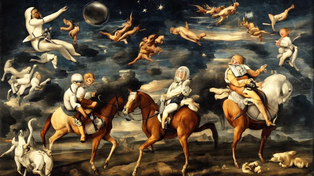 Prompt: astronaut hold horse, horse ball, a horse riding an astronaut, mannerism, mannerist