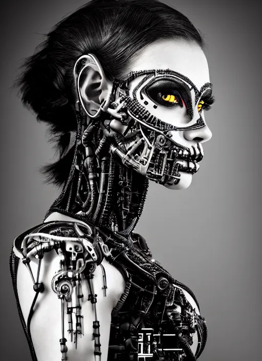 Prompt: a stunning young woman - crow mixed cyborg profile face, face is made intricate tribal bio - mechanical, editorial photography, bw, shot on 7 0 mm, depth of field, f / 2. 8, high contrast, 1 6 k, volumetric lighting, shiny, insanely detailed and intricate, hypermaximalist, elegant, ornate, hyper realistic, super detailed