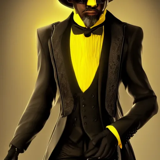 Image similar to a highly detailed portrait of a man in a high top hat covering his face, in a black tailcoat with a yellow waistcoat under the tailcoat, artstation, deviantart, professional, unreal engine 5, photorealistic