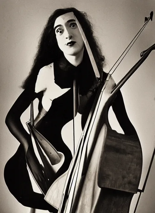 Prompt: Portrait of a double bass girl, surreal photography by Man Ray