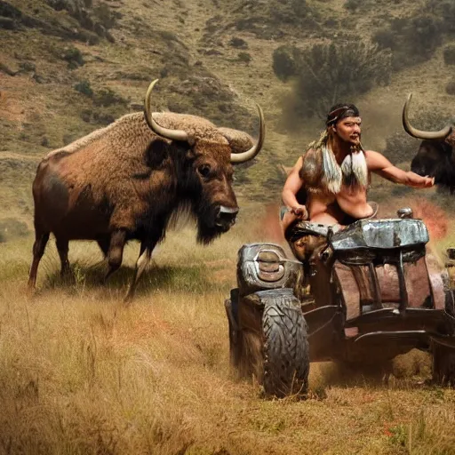 Image similar to ancient tribe hunting buffalo herd, ancient atv, chase scene, dynamic shot,