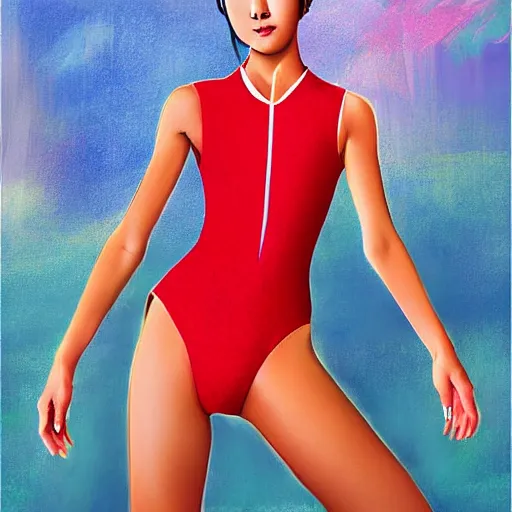 Prompt: digital painting of a young gorgeous Chinese woman wearing sport racing competitive one piece swimsuit leotard, worksafe