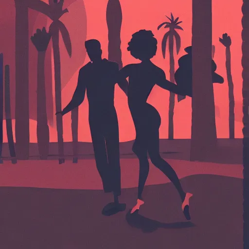 Image similar to a colorfully detailed comic noir illustration of tango dancers in a desert beach oasis by Sachin Teng, dark vibes, high contrast, pastel lighting, cinematic, depth of field, 8k