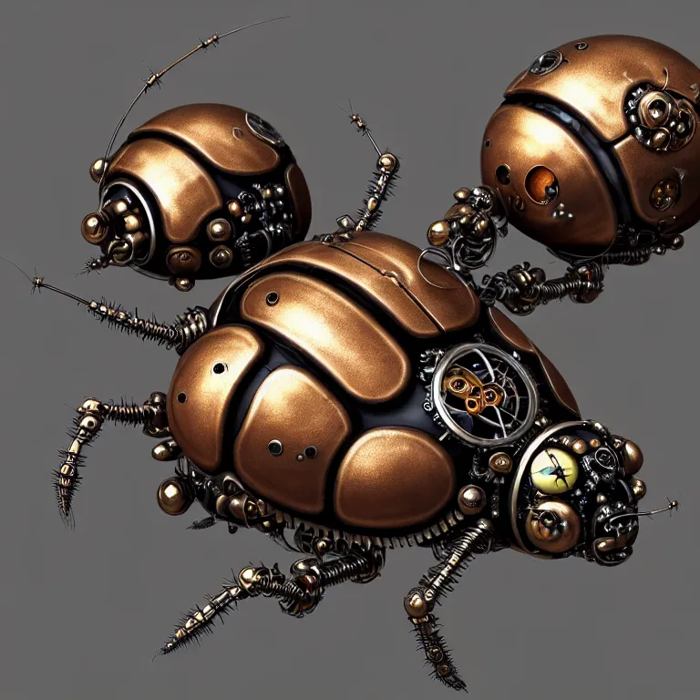 Image similar to steampunk cybernetic biomechanical ladybug, 3 d model, unreal engine realistic render, 8 k, micro detail, intricate, elegant, highly detailed, centered, digital painting, artstation, smooth, sharp focus, illustration, artgerm, tomasz alen kopera, wlop