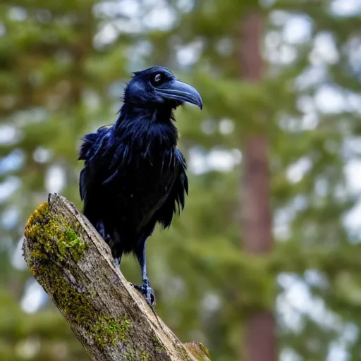 Prompt: A high quality photo of a raven perched on a tree, 4k, detailed, focus on a raven