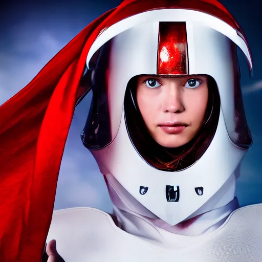 Image similar to headshot of a beautiful female soldier in glossy sleek white armor and a long red cape, looking up at camera, determined expression, no helmet, on the surface of mars, night time, cinematic, sci-fi, hyperrealistic