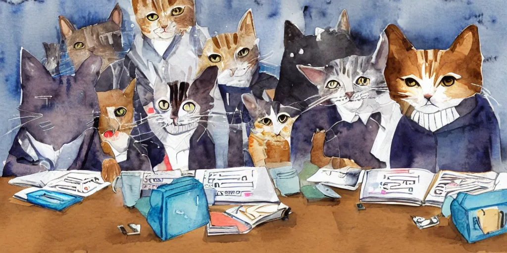 Image similar to watercolor illustration style, cats in jackets research meet in big table, business, inspiring art