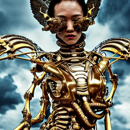 Image similar to still frame from Prometheus movie by Makoto Aida, biomechanical vespa angel gynoid, metal couture by neri oxmn and Guo pei, editorial by Malczewski and by Caravaggio