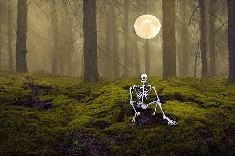 Prompt: a burning with fire human skeleton sitting behind computer, overgrown with moss, in foggy forest, at night with moon light, dark atmosphere, dark fantasy, highly detailed