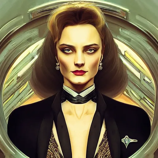 Image similar to “ daria strokous as evil james bond villain smiling, intricate, elegant, highly detailed, digital painting, artstation, concept art, smooth, sharp focus uhd 8 k, art by artgerm and greg rutkowski and alphonse mucha ”