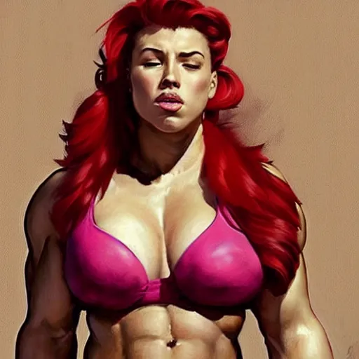 Image similar to greg manchess portrait of thick muscular weightlifter zarya from overwatch with ponytail and red hair played by scarlett johansson, medium shot, asymmetrical, profile picture, organic painting, sunny day, matte painting, bold shapes, hard edges, street art, trending on artstation, by huang guangjian and gil elvgren and sachin teng