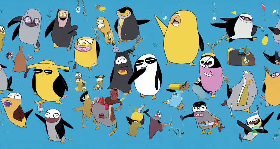 Image similar to cartoon penguins in speedos, wearing gold chains, partying, in the style of adventure time, the amazing world of gumball, pixar, toki doki, greg rutkowski and makoto shinkai, trending on artstation