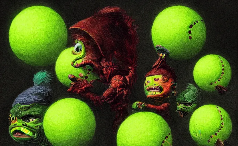 Prompt: an army of different green tennis ball monsters, colorful, digital art, fantasy, magic, chalk, trending on artstation, ultra detailed, detailed, fine details, professional illustration by basil gogos