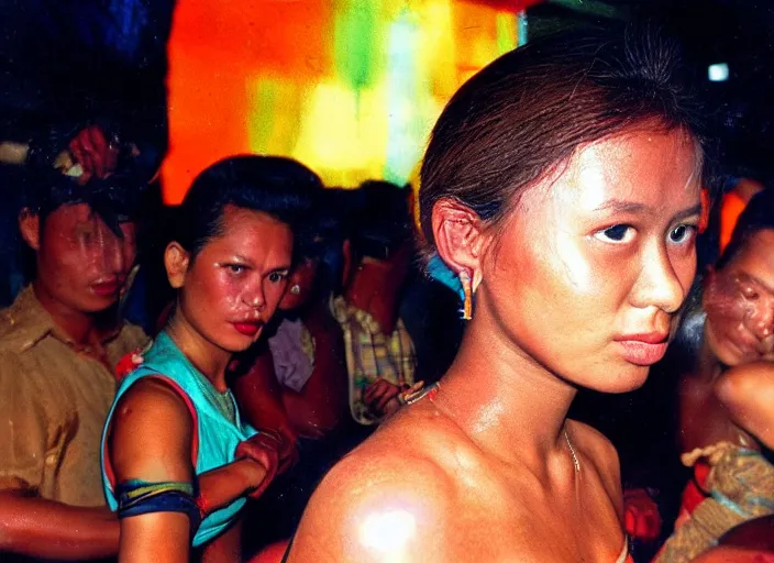 Prompt: A girl in the Nightclubs in Indonesia, 90's professional color photograph.