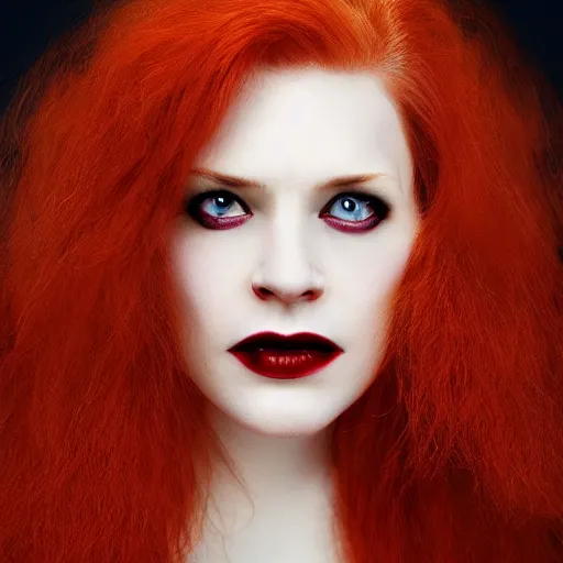 Prompt: a close up portrait of a pale woman vampire with red hair, award winning photography, ultra high detail, hd, 8k, by Martin Schoeller