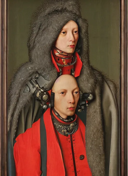 Prompt: a portrait of an augmented cyborg by Jan van Eyck