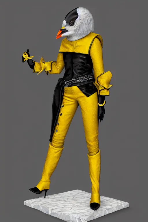 Image similar to female adventurer in tight full - body canary yellow gambeson leather armor of italian design with diamond pattern and black accents and a white porcelain crow mask, trending in artstation, establishing shot