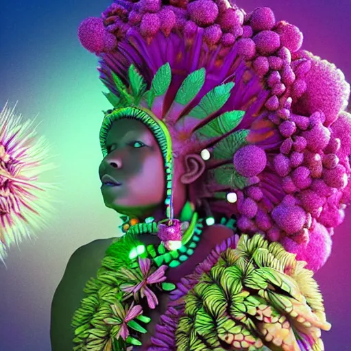 Image similar to an african marijuanna! shaman with an afro made of flowers, third eye art art by machina infinitum, complexity from simplicity, rendered in octane, mandelbulb 3 d, ambient occlusion, radiant lighting, macro photography, felt!!! texture, tribal, pastel! retrowave