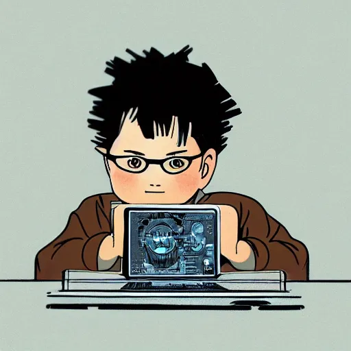 Prompt: illustration of a boy connected to his laptop with hundreds of wires, highly detailed, by ghibli, butcher billy, mcbess, rutkowski, james jean, 8 k, photorealistic