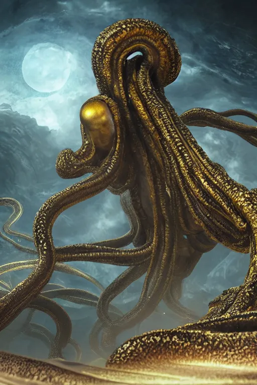 Prompt: giant ancient alien tentacles artwork by yoshitaka amano, black and gold, detailed background, extremely detailed, octane rendering, sharp focus, volumetric light, particles, unreal engine 5, rtx