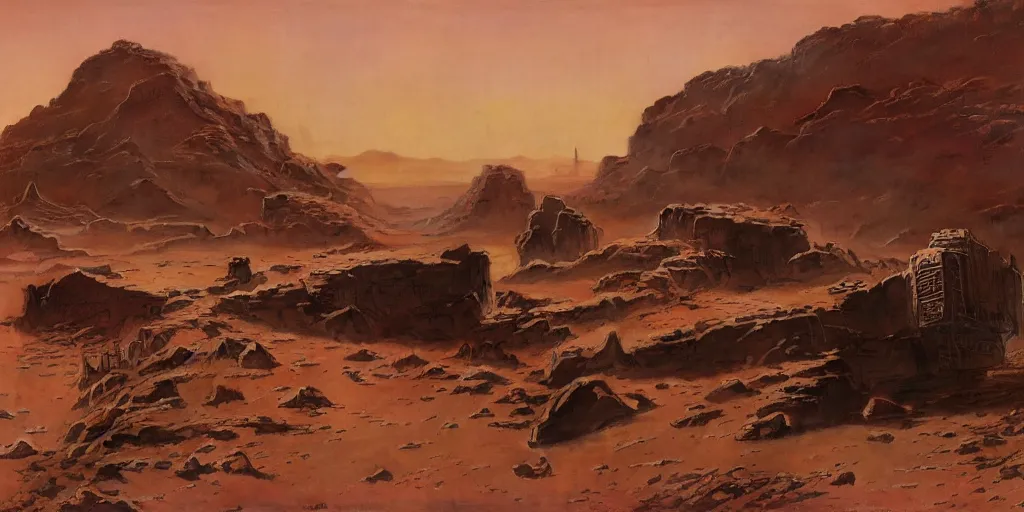 Image similar to ruins of an acient art deco civilization on mars, red desert, painted by ruan jia, raymond swanland, lawrence alma tadema, zdzislaw beksinski, norman rockwell, jack kirby, tom lovell, alex malveda, greg staples