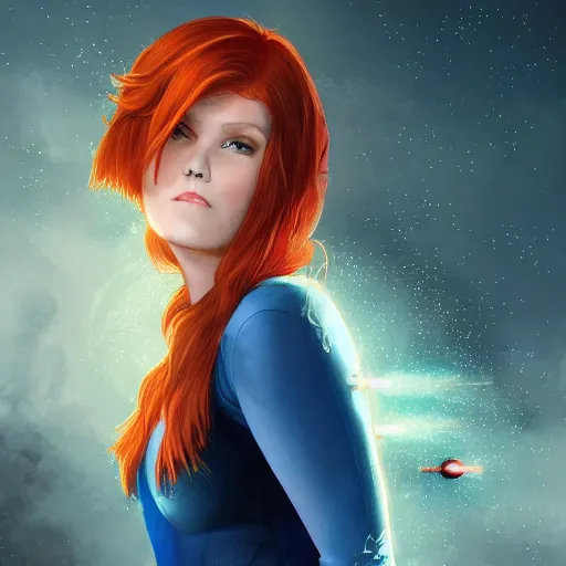 Prompt: a full body photo portrait of a beautiful tattooed redhead woman sitting, carrying a laser gun, a planet in the background. blue tight dress, light iridescent hair color, fantasy, realistic, intricate, sharp focus, lens flare, bloom, rim light, illustration, highly detailed, digital painting, concept art, matte, art by ruan jia