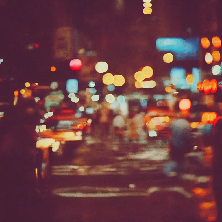 Prompt: analog medium format film night flash bokeh busy street in new york, 1 9 6 0 s hasselblad film street photography, featured on unsplash, photographed on vintage expired colour film