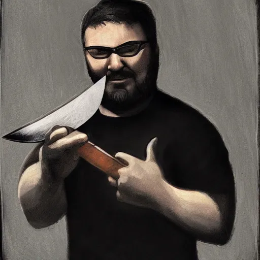 Prompt: Edmund McMillen holding a knife, portrait