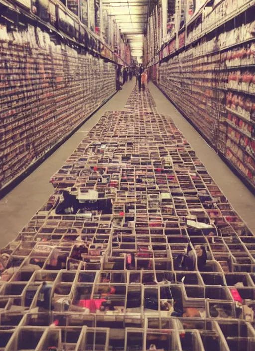 Image similar to first person view. lost in a costco maze. blurry polaroid