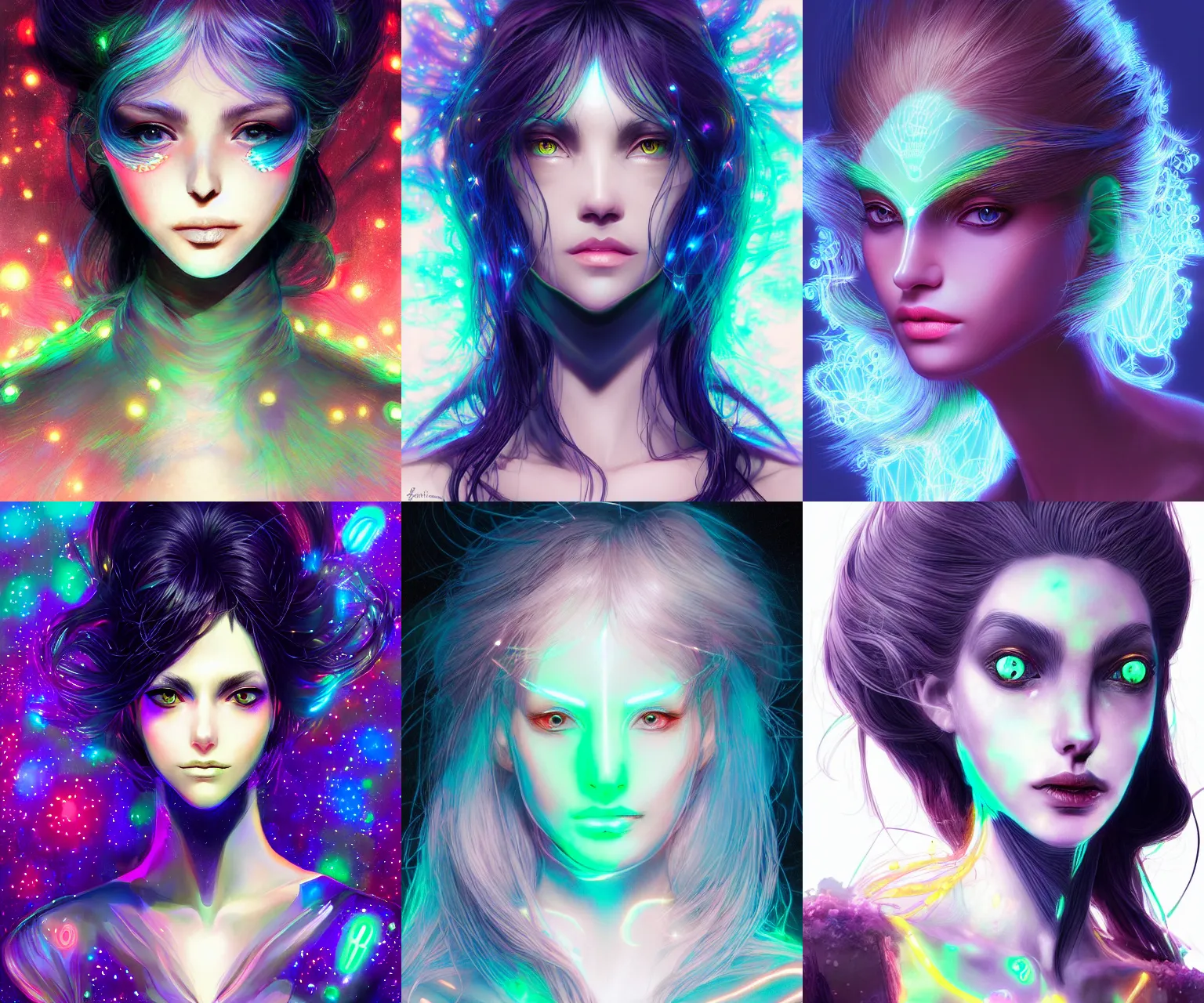 Image similar to portrait of a bioluminescent woman, fashion, beautiful, elegant colorful, artstation trending, deviantart, highly detailed, focus, smooth, by hirohiko araki, yoshitaka amano