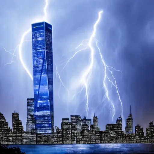 Image similar to lightning striking the World Trade Center, hyperrealistic, apocalyptic, blue, thunderstorm, night, award winning, 8k