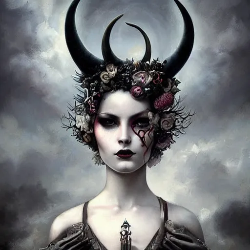 Image similar to By Tom Bagshaw, ultra realist soft painting portrait of zynoid curiosities carnival by night, very beautiful horned single dollpunk gothic fully dressed fading, symmetry accurate features, very intricate details, ominous sky, black and white, volumetric light clouds