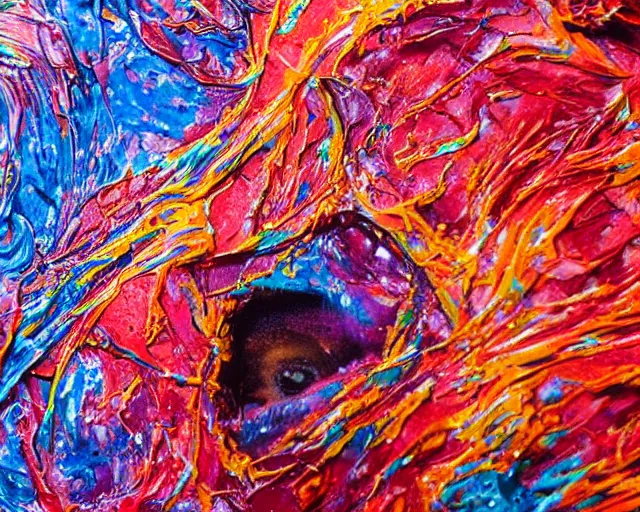 Image similar to still shot close up footage of the portrait of a human head explodes and disintegrates into acrylic pour and splashing paint, motion blur, hyperrealistic, medical, intricate art photography, anatomically correct, realistic crisp textures, 1 6 k