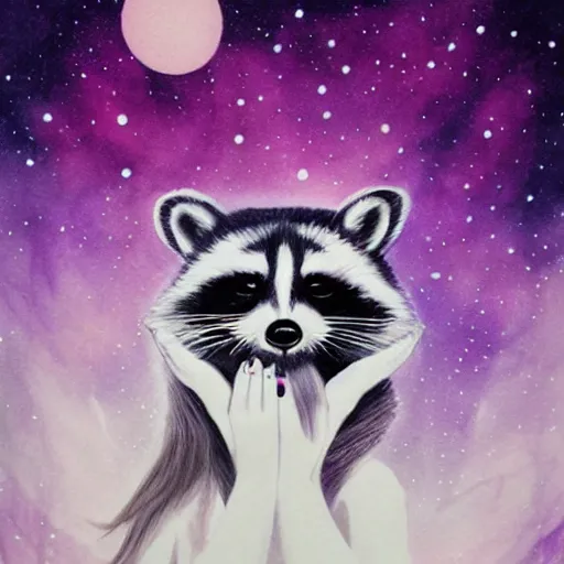 Image similar to purple raccoon in the stars in the style of Anna Dittman