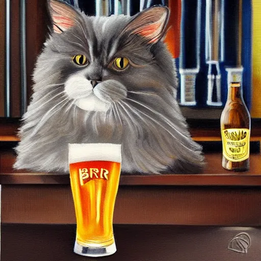 Image similar to of a british longhair cat sitting at the bar next to a beer, cinematic. intricately detailed acrylic painting