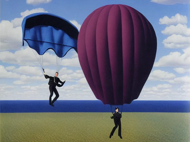 Image similar to Tom Cruise parachuting on a small island in the middle of a big lake painting by rene magritte, high detail, high resolution