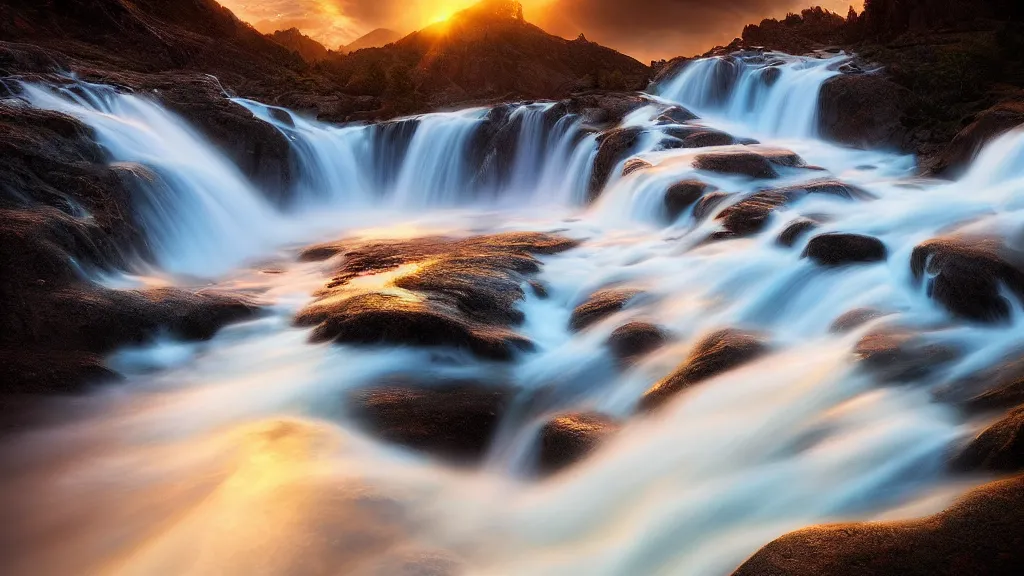 Prompt: amazing landscape photo of a water fall in sunset by marc adamus, beautiful dramatic lighting