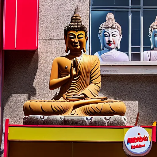 Prompt: The Buddha at McDonalds, photography, 8K